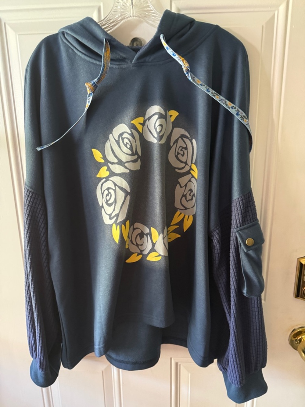 Women's Navy Hooded Pullover with Yellow Rose Graphic